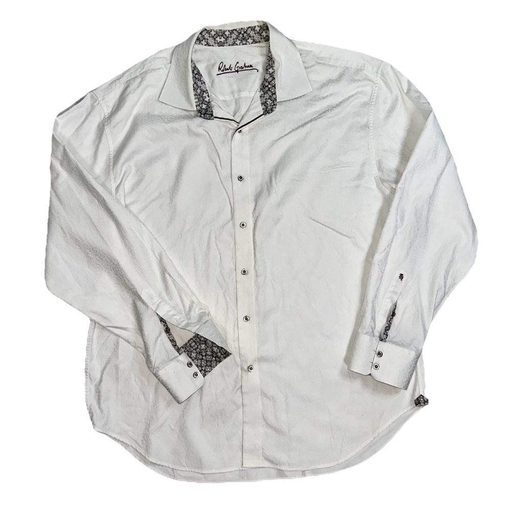 Robert Graham White Button-Down Shirt with Black Patterned Trim